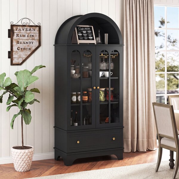 Costway Mobile credenza ad arco da cucina con cassetto ante in vetro temperato portabicchieri, Portabottiglie per sala da pranzo Nero