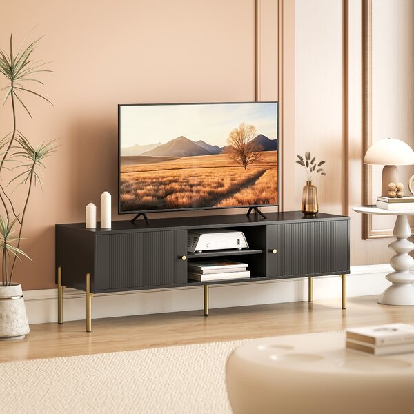 HOMCOM Mobile porta TV fino a 165.1 cm con Ante Cannettate e Scomparti Aperti, 140x38x45.9 cm, Nero | Aosom Italy