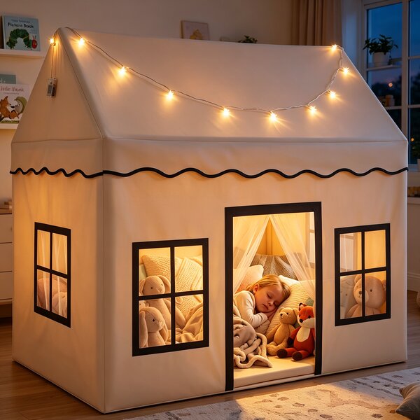 Costway Tenda per bambini da interno con recinzione con tappetino morbido luci decorative, Tenda da gioco a forma di casetta per bambini 3+ anni Beige