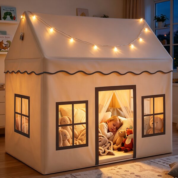 Costway Tenda per bambini da interno con recinzione con tappetino morbido luci decorative, Tenda da gioco a forma di casetta per bambini 3+ anni Marrone