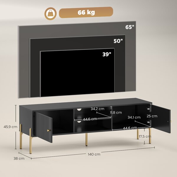 HOMCOM Mobile porta TV fino a 165.1 cm con Ante Cannettate e Scomparti Aperti, 140x38x45.9 cm, Nero | Aosom Italy