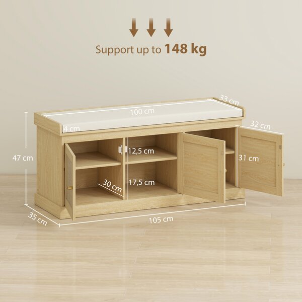 HOMCOM Panca Portascarpe per 9 Paia con 3 Ante in Rattan e Cuscino, 105x35x47 cm, Rovere | Aosom Italy