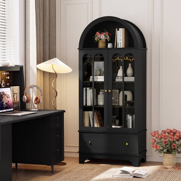 Costway Mobile credenza ad arco da cucina con cassetto ante in vetro temperato portabicchieri, Portabottiglie per sala da pranzo Nero