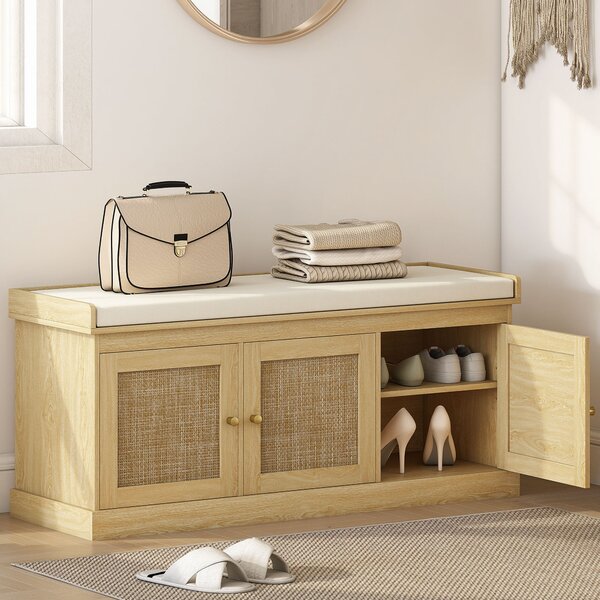 HOMCOM Panca Portascarpe per 9 Paia con 3 Ante in Rattan e Cuscino, 105x35x47 cm, Rovere | Aosom Italy