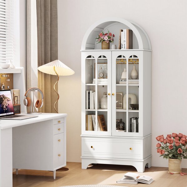 Costway Mobile credenza ad arco da cucina con cassetto ante in vetro temperato portabicchieri, Portabottiglie per sala da pranzo Bianco