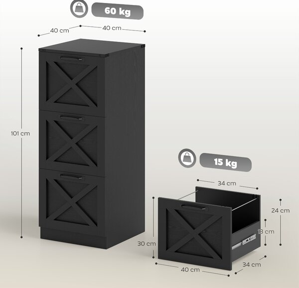 HOMCOM Cassettiera da Ufficio con 3 Cassetti per Cartelle A4, 40x40x101 cm, Nero | Aosom Italy