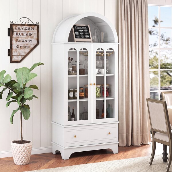 Costway Mobile credenza ad arco da cucina con cassetto ante in vetro temperato portabicchieri, Portabottiglie per sala da pranzo Bianco