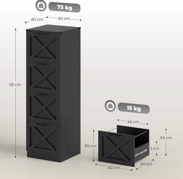 HOMCOM Cassettiera da Ufficio con 4 Cassetti per Cartelle A4, 40x40x131 cm, Nero | Aosom Italy
