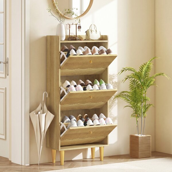 HOMCOM Scarpiera per 18 Paia di Scarpe con 3 Cassetti Ribaltabili, 60x24x128 cm, Rovere | Aosom Italy