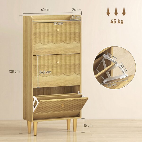 HOMCOM Scarpiera per 18 Paia di Scarpe con 3 Cassetti Ribaltabili, 60x24x128 cm, Rovere | Aosom Italy