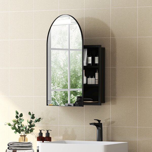 HOMCOM Armadietto con Specchio da Bagno, Porta Curva 180° e 3 Ripiani, 50x12x76 cm, Nero | Aosom Italy