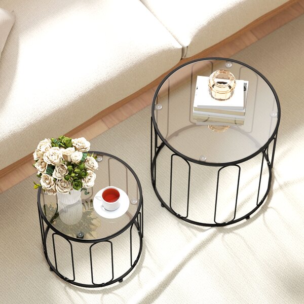 HOMCOM Set 2 Tavolini Sovrapponibili in Metallo e Vetro, Ø50x50 cm e Ø40x40 cm, Nero | Aosom Italy