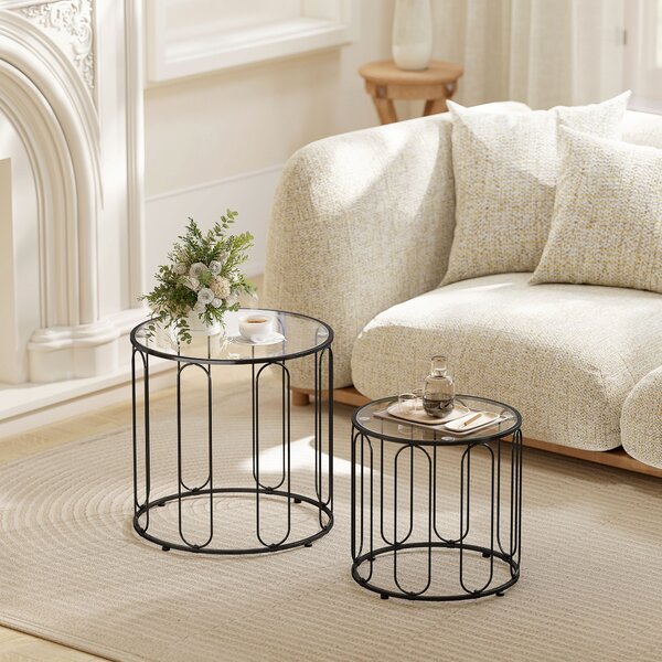 HOMCOM Set 2 Tavolini Sovrapponibili in Metallo e Vetro, Ø50x50 cm e Ø40x40 cm, Nero | Aosom Italy