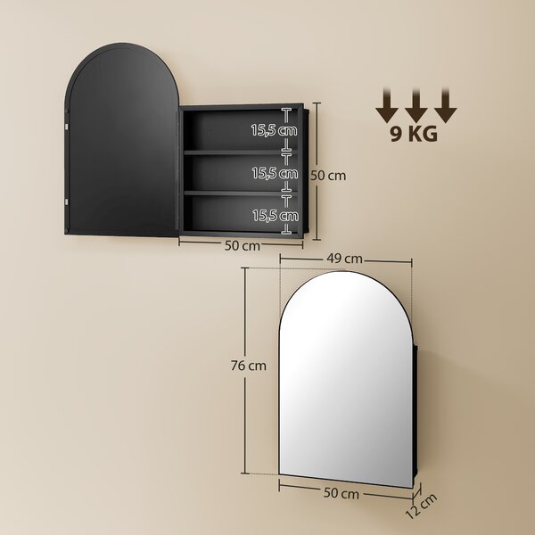 HOMCOM Armadietto con Specchio da Bagno, Porta Curva 180° e 3 Ripiani, 50x12x76 cm, Nero | Aosom Italy
