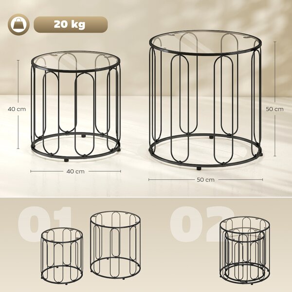 HOMCOM Set 2 Tavolini Sovrapponibili in Metallo e Vetro, Ø50x50 cm e Ø40x40 cm, Nero | Aosom Italy