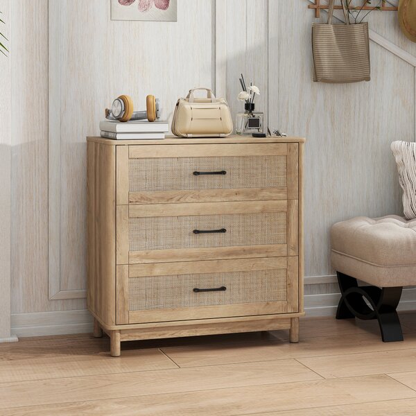 HOMCOM Comò con 3 Cassetti in Rattan e Piedi in Legno Massello, 76x35x76 cm, Rovere | Aosom Italy