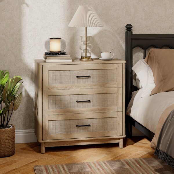 HOMCOM Comò con 3 Cassetti in Rattan e Piedi in Legno Massello, 76x35x76 cm, Rovere | Aosom Italy