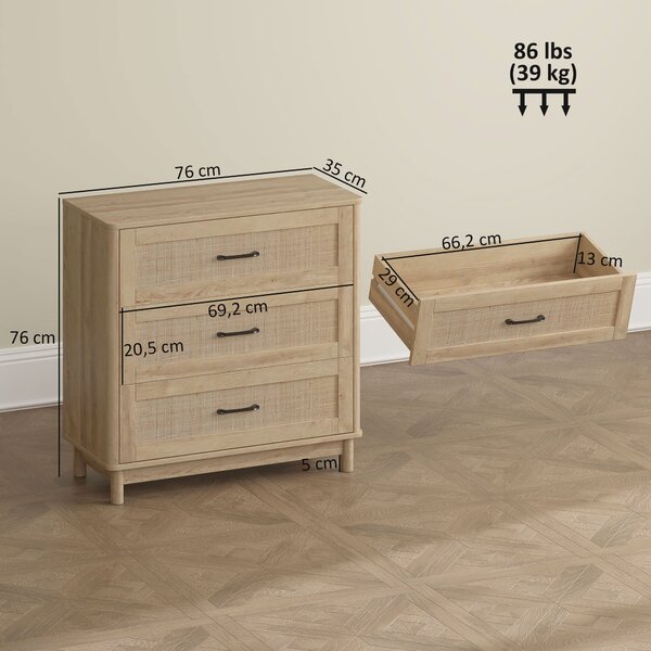 HOMCOM Comò con 3 Cassetti in Rattan e Piedi in Legno Massello, 76x35x76 cm, Rovere | Aosom Italy