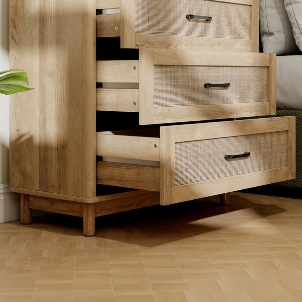 HOMCOM Comò con 3 Cassetti in Rattan e Piedi in Legno Massello, 76x35x76 cm, Rovere | Aosom Italy
