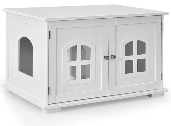 Costway Casetta ventilata per gatti con doppie porte e finestre, Lettiera per gatti con ingresso laterale Bianco