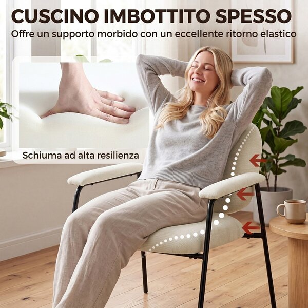 HOMCOM Set 2 Poltrone da Salotto in Ciniglia con Schienale Sagomato, Struttura in Metallo, Crema | Aosom Italy