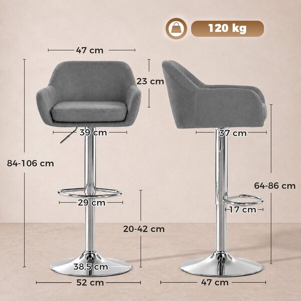 HOMCOM Set 2 Sgabelli Bar Girevoli in Velluto con Altezza Regolabile, Poggiapiedi, Schienale, Base in Metallo, Grigio | Aosom Italy