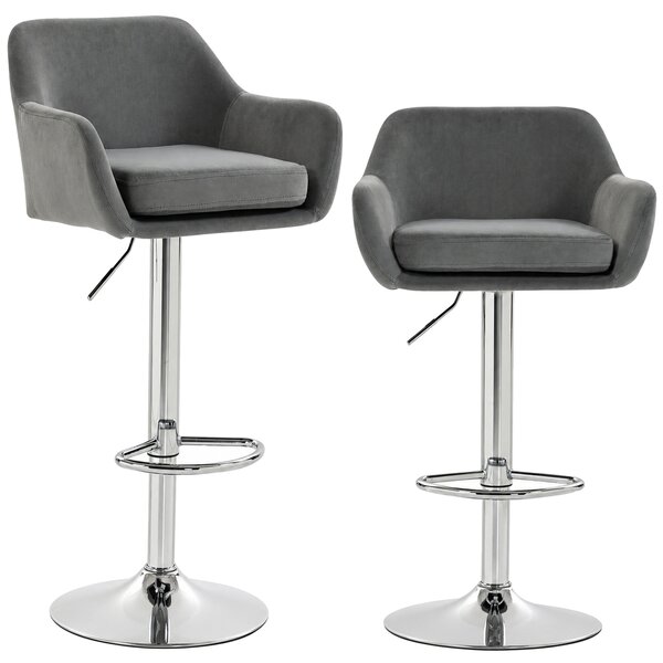 HOMCOM Set 2 Sgabelli Bar Girevoli in Velluto con Altezza Regolabile, Poggiapiedi, Schienale, Base in Metallo, Grigio | Aosom Italy