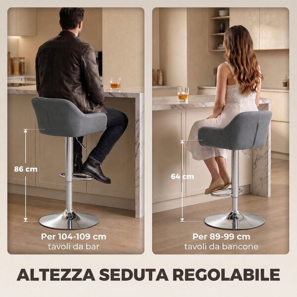 HOMCOM Set 2 Sgabelli Bar Girevoli in Velluto con Altezza Regolabile, Poggiapiedi, Schienale, Base in Metallo, Grigio | Aosom Italy