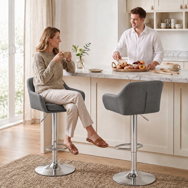 HOMCOM Set 2 Sgabelli Bar Girevoli in Velluto con Altezza Regolabile, Poggiapiedi, Schienale, Base in Metallo, Grigio | Aosom Italy