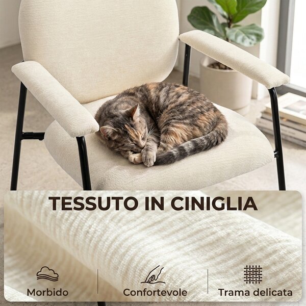 HOMCOM Set 2 Poltrone da Salotto in Ciniglia con Schienale Sagomato, Struttura in Metallo, Crema | Aosom Italy
