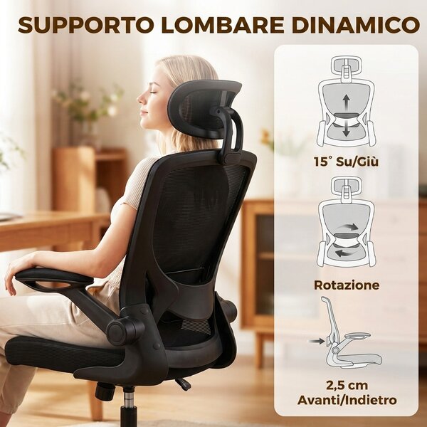 HOMCOM Sedia da Ufficio Ergonomica in Rete con Poggiatesta Regolabile, Nera | Aosom Italy