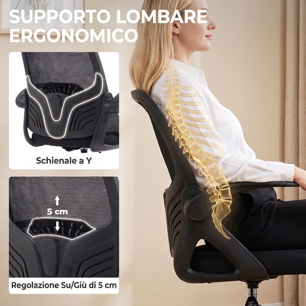 HOMCOM Sedia Ufficio Ergonomica a Rete, Supporto Lombare e Poggiapiedi Regolabile, Braccioli Ribaltabili, Nera | Aosom Italy