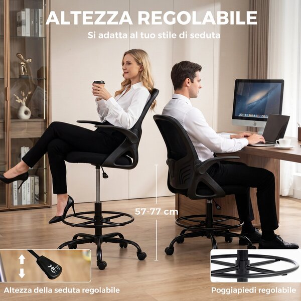 HOMCOM Sedia Ufficio Ergonomica a Rete, Supporto Lombare e Poggiapiedi Regolabile, Braccioli Ribaltabili, Nera | Aosom Italy