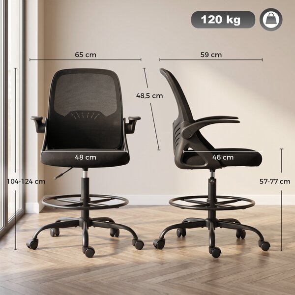 HOMCOM Sedia Ufficio Ergonomica a Rete, Supporto Lombare e Poggiapiedi Regolabile, Braccioli Ribaltabili, Nera | Aosom Italy