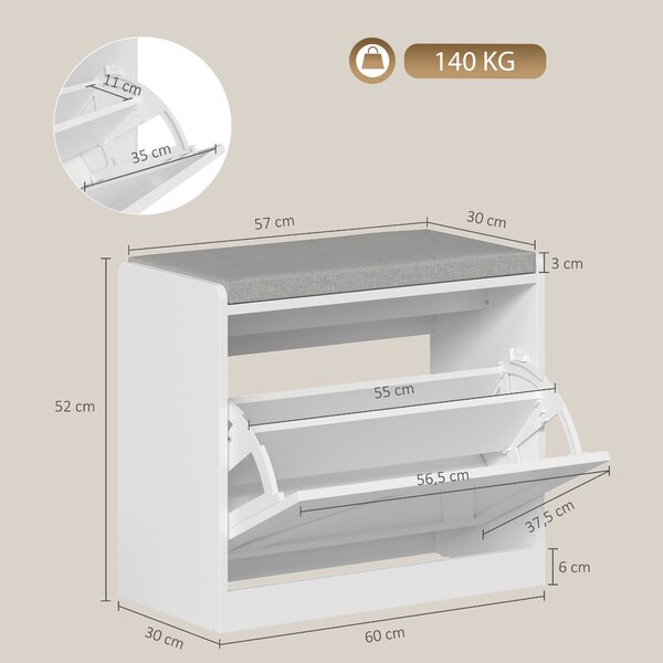 HOMCOM Panca Scarpiera con Cassetto a Ribalta, 60x30x52 cm, Bianco | Aosom Italy