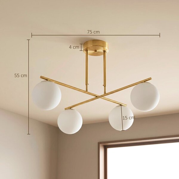 HOMCOM Lampadario a Sospensione con 4 Sfere, Altezza Regolabile, Rotazione a 350°, Lampada Moderna in Acciaio, Oro | Aosom Italy