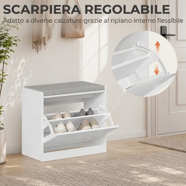 HOMCOM Panca Scarpiera con Cassetto a Ribalta, 60x30x52 cm, Bianco | Aosom Italy