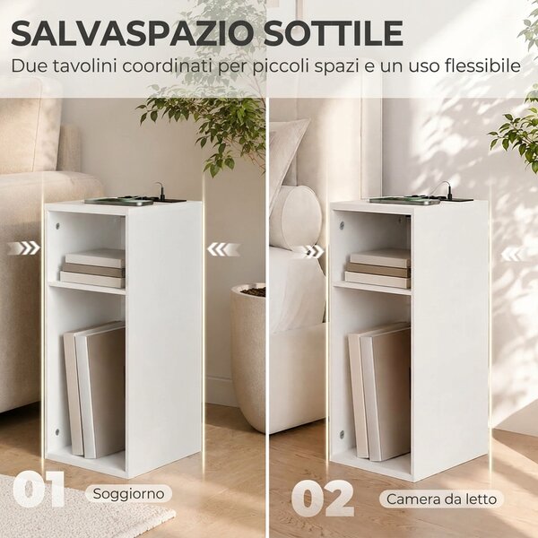 HOMCOM Set 2 Tavolini da Salotto Moderni con Ripiani Aperti, 2 prese AC e 2 porte USB, Design Sottile, Bianco | Aosom Italy