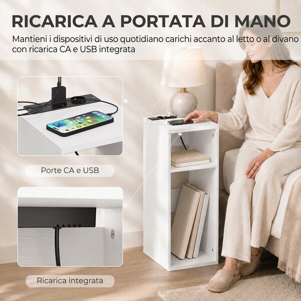 HOMCOM Set 2 Tavolini da Salotto Moderni con Ripiani Aperti, 2 prese AC e 2 porte USB, Design Sottile, Bianco | Aosom Italy