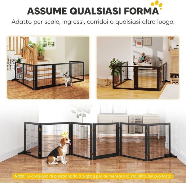 PawHut Cancelletto per Cani di Piccola/Media Taglia a 6 Pannelli Pieghevoli, in Legno e Acciaio, 432x36x70 cm, Nero | Aosom Italy