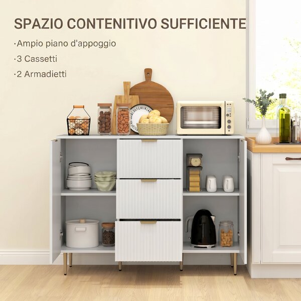 HOMCOM Credenza Moderna con 3 Cassetti, 2 Armadietti e Ripiani Regolabili, Legno e Metallo, Bianco