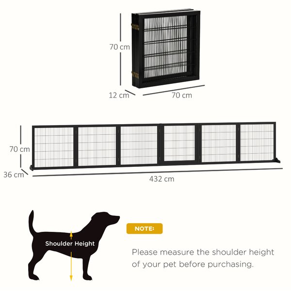 PawHut Cancelletto per Cani di Piccola/Media Taglia a 6 Pannelli Pieghevoli, in Legno e Acciaio, 432x36x70 cm, Nero | Aosom Italy