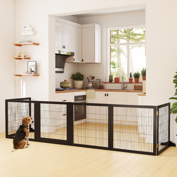 PawHut Cancelletto per Cani di Piccola/Media Taglia a 6 Pannelli Pieghevoli, in Legno e Acciaio, 432x36x70 cm, Nero | Aosom Italy