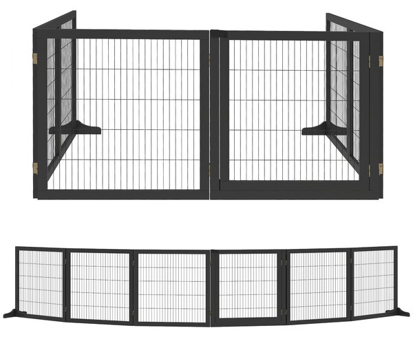 PawHut Cancelletto per Cani di Piccola/Media Taglia a 6 Pannelli Pieghevoli, in Legno e Acciaio, 432x36x70 cm, Nero | Aosom Italy