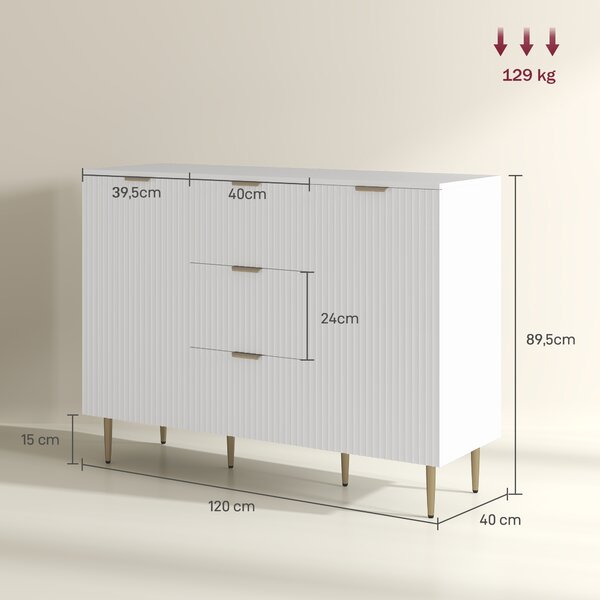 HOMCOM Credenza Moderna con 3 Cassetti, 2 Armadietti e Ripiani Regolabili, Legno e Metallo, Bianco