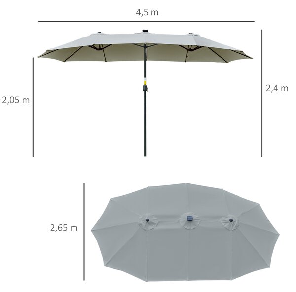 Outsunny Ombrellone Doppio da Giardino 4.5x2.65 m con 48 Luci LED Solari Manovella, Ombrellone da Giardino a 12 Stecche in Acciaio e Poliestere, per Cortile, Terrazza e Balcone, Grigio chiaro | Aosom Italy