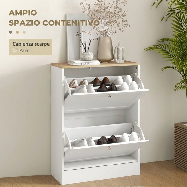 HOMCOM Scarpiera Slim con 2 Ante a Ribalta, Ripiani Regolabili Rimovibili, per 8-12 Paia in Legno, 60x23.5x80 cm, Bianco | Aosom Italy