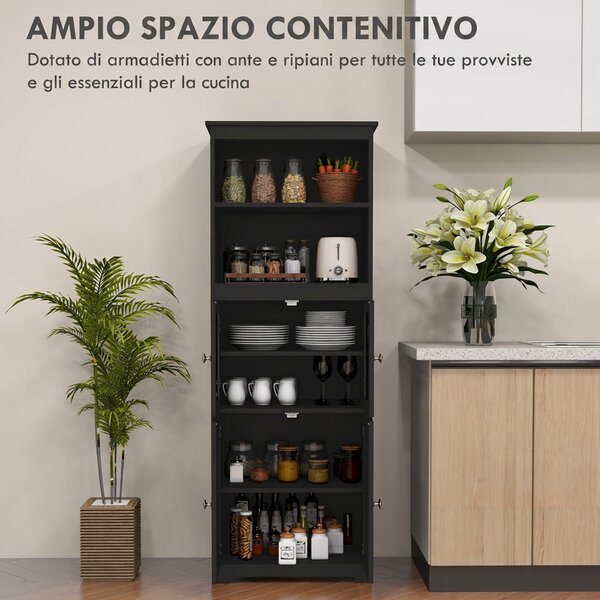 HOMCOM Mobile Dispensa con 2 Ripiani Aperti e 2 Armadietti con Ante, in MDF e Vetro, 60x30x162 cm, Nero | Aosom Italy