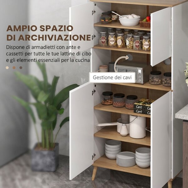 HOMCOM Credenza Cucina Alta Scandinava con 4 Ante, Ripiano Aperto, Ripiani Regolabili, 80x40x178 cm, Bianco | Aosom Italy