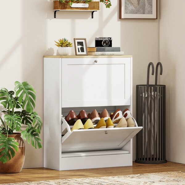 HOMCOM Scarpiera Slim con 2 Ante a Ribalta, Ripiani Regolabili Rimovibili, per 8-12 Paia in Legno, 60x23.5x80 cm, Bianco | Aosom Italy